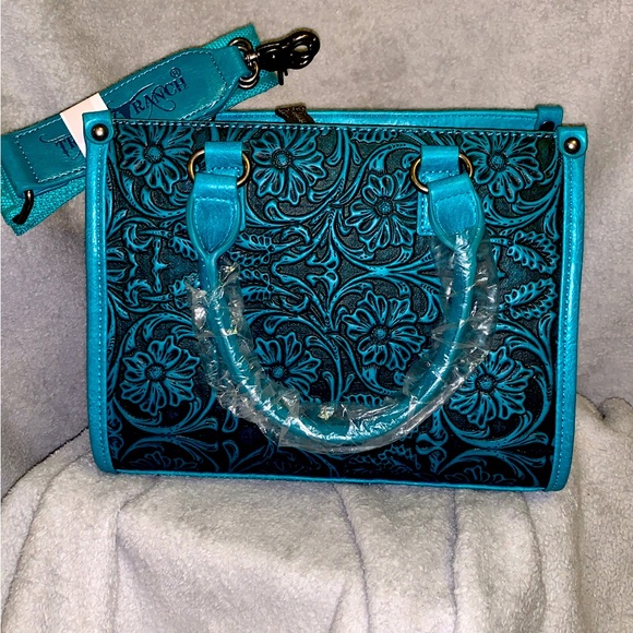 Trinity Ranch Western Cowgirl Purse Floral Tooled Crossbody Tote Bag Turquoise - Picture 1 of 3